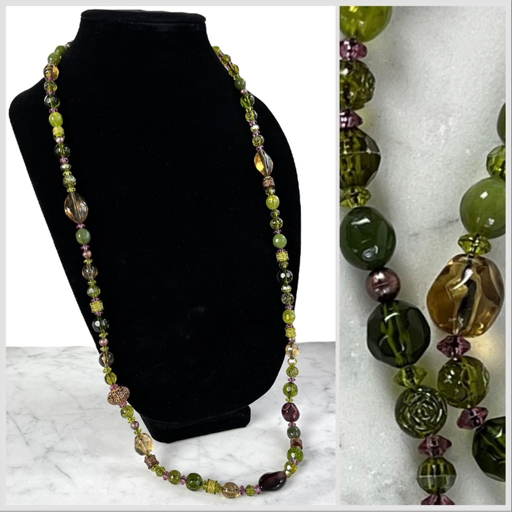 Long Beaded Green and Purple Necklace